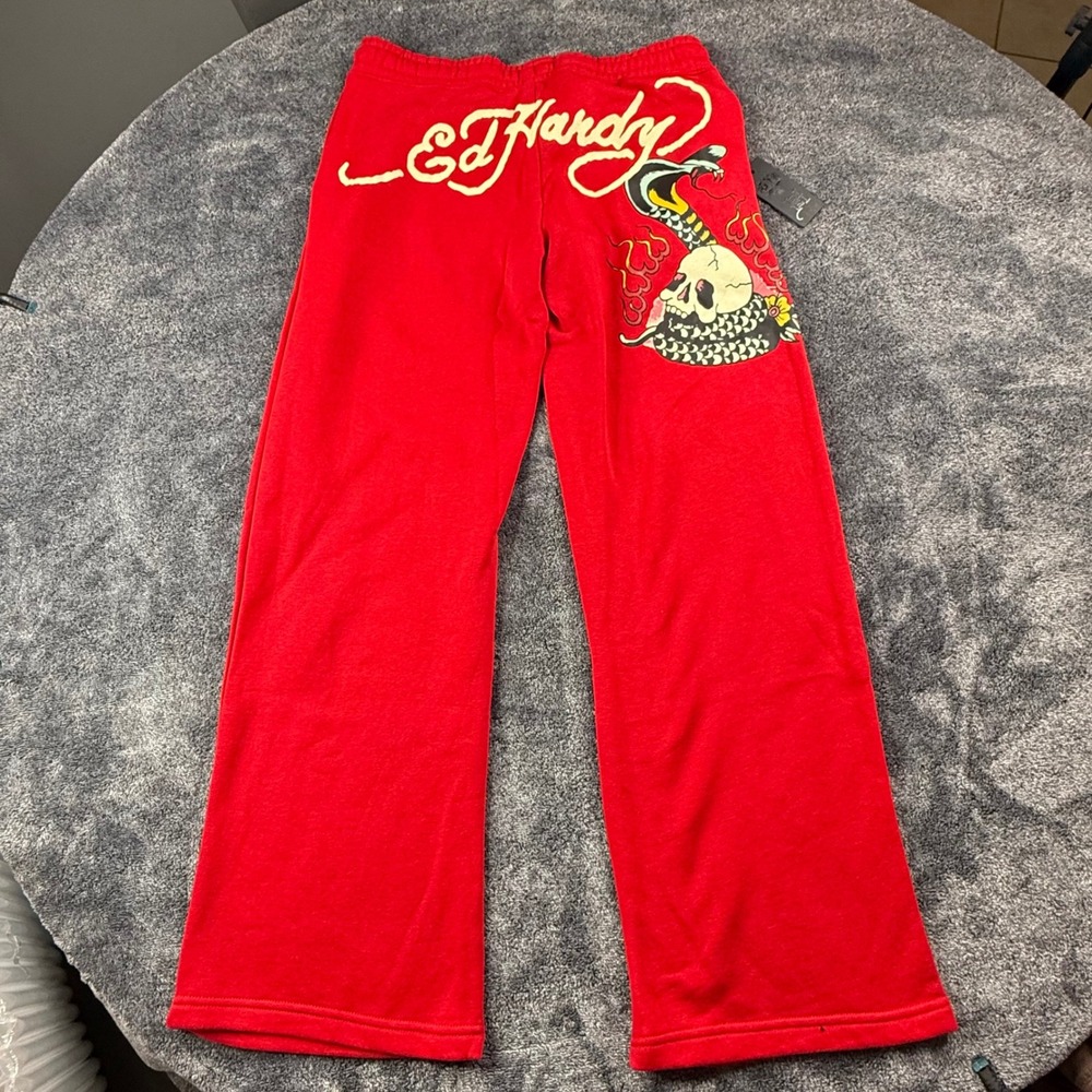 Ed Hardy Lounge Pants Red Skull Snake Graphic Y2K Streetwear Sweatpants Large